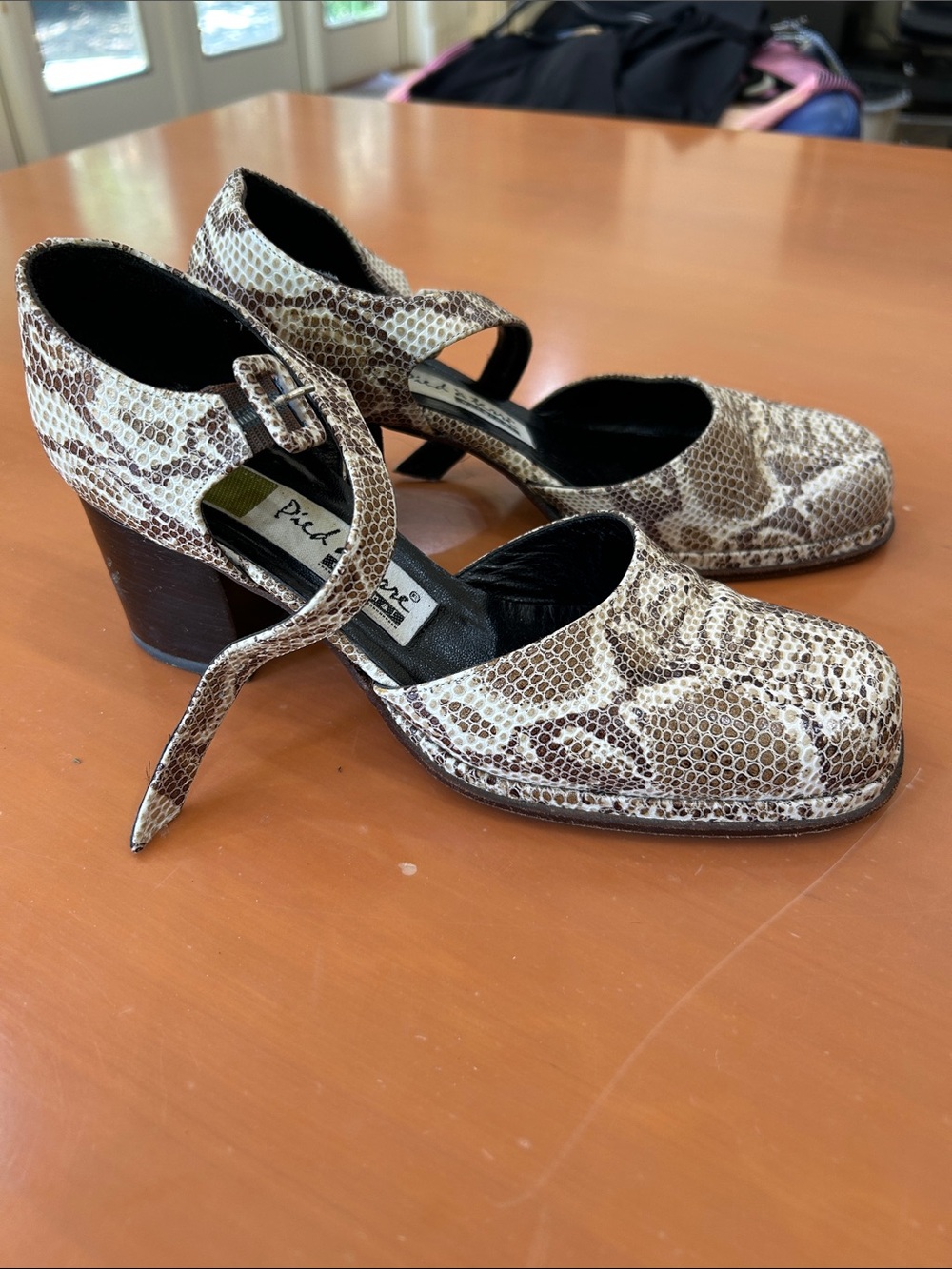 Python-Print Mary Jane Block Heels in Brown and Cream